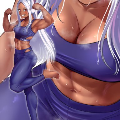 my hero academia, miruko, rumi usagiyama, toin (koto54576897), 1girls, abs, animal ears, bare shoulders, blush, breasts, brown eyes, cleavage, dark-skinned female, dark skin, eyebrows visible through hair