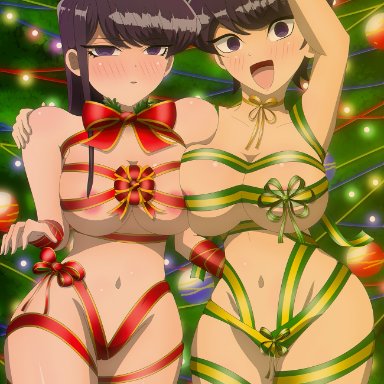 christmas, komi-san wa komyushou desu, komi shouko, komi shuuko, zenshaori, 2girls, areola slip, belly, big breasts, blush, blush lines, daughter, duo, duo focus, female