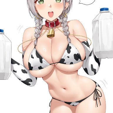 hololive, shirogane noel, yakimi 27, 1girls, big breasts, bikini, breasts, cow bikini, cow ears, cow horns, cow print, cowbell, eye contact, female, grey hair