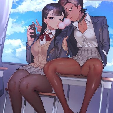 miru tights, dotsuco, 2females, 2girls, bangs, black choker, black eyes, black hair, black legwear, blazer, blowing bubblegum, blue jacket, blue sky, breasts, brown legwear