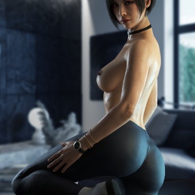 resident evil, resident evil 2, ada wong, fgnilin, ass, butt, choker, female, female only, leggings, legs, nipples, short hair, wet, 3d