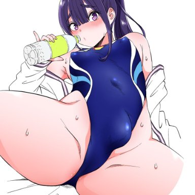 ssss.gridman, takarada rikka, takarada rikka (cosplay), nagano rira, anus, anus peek, blue swimsuit, blue swimwear, blush, bulge, cosplay, covered erect nipples, covered navel, covered nipples, covered penis