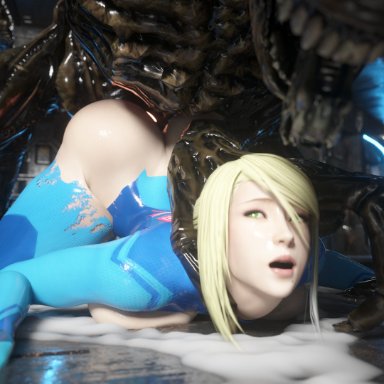 samus aran, zero suit samus, icedev, big ass, big breasts, blonde hair, cock ring, cum, cum on floor, green eyes, holding neck, looking up, monster, monster cock, monsters