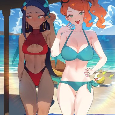 nintendo, pokemon, nessa (pokemon), sonia (pokemon), hood x art, 2girls, alternate costume, breasts, eyewear on head, female, outdoors, outside, sunglasses on head, swimsuit, tagme