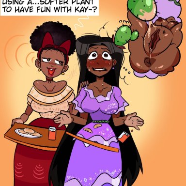 disney, encanto, dolores madrigal, isabela madrigal, pixelzsinful, sinfulpixelz, 2girls, anus, arepa, blush, breasts, cactus, cousins, dark-skinned female, embarrassed