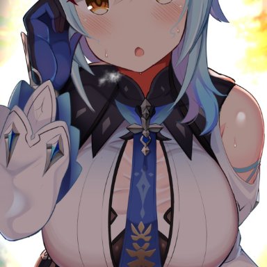 genshin impact, eula (genshin impact), jakko, 1girls, :o, alternate eye color, blue hair, blush, breasts, brown eyes, clothed, clothed female, female, female only, hips