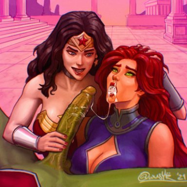 dc comics, teen titans, wonder woman (series), young justice, beast boy, koriand'r, starfire, wonder woman, owusyr, 1boy, 2girls, amazon, big penis, black hair, blowjob