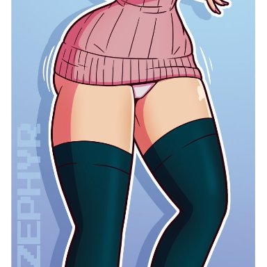 my hero academia, ochako uraraka, wrenzephyr2, 1girls, large ass, large breasts, navel, nipple slip, personality change, solo, solo female, solo focus, thick lips, thick thighs, thighhighs