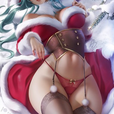 bleach, christmas, nelliel tu odelschwanck, olchas, 1girls, breasts, cleavage, clothed, clothed female, facial markings, female, female only, garter straps, green hair, hips