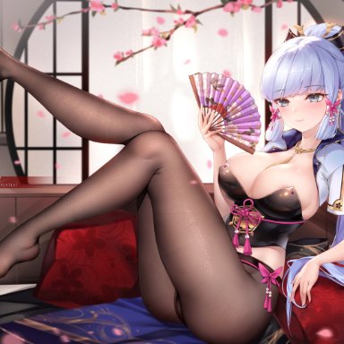 genshin impact, kamisato ayaka, big breasts, black legwear, blue hair, feet up, legs apart, legs up, looking at viewer, thighs