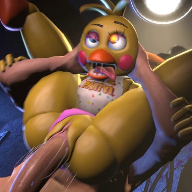 five nights at freddy's, five nights at freddy's 2, scottgames, toy chica (fnaf), nottanj, animatronic, anthro, anthro penetrated, avian, balls, beak, being watched, bird, bodily fluids, carry position