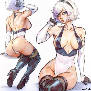 nier: automata, nier (series), yorha 2b, debirudude, breasts, busty, female, female focus, female only, hourglass figure, pose, posing, short hair, sitting, solo