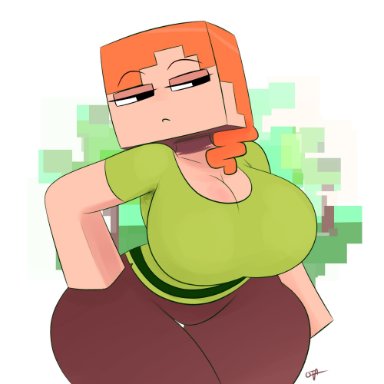 minecraft, alex (minecraft), ota (artist), 1girls, black eyes, breasts, busty, child bearing hips, cleavage, clothed, clothing, curvaceous, curvy, expressionless, female