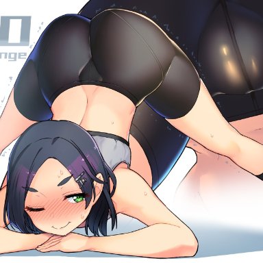 kantai collection, kuroshio (kantai collection), taketora suzume, ass, big ass, bike shorts, black hair, black legwear, black shorts, blush, butt, close-up, closed mouth, dat ass, female