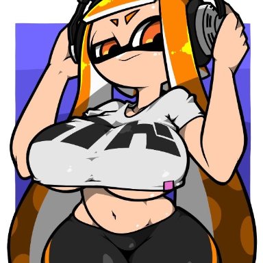 splatoon, inkling, inkling girl, name omoitukan2, omoitukan2, big ass, big breasts, crop top, fully clothed, headphones, orange hair, thick thighs, underboob, white skin