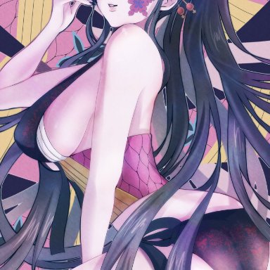 demon slayer, kimetsu no yaiba, daki (kimetsu no yaiba), arched back, big ass, big breasts, black hair, black nails, demon girl, eyeshadow, facial markings, female, female only, hair ornament, lingerie