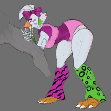five nights at freddy's, scottgames, chica (fnaf), glamrock chica (fnaf), accessory, animatronic, anthro, avian, beak, biped, bird, bodily fluids, breasts, cum, duo