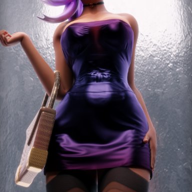 overwatch, sombra, moonroomoom, bag, big breasts, cleavage, dress, earrings, elevator, female, female only, purple, squish, stockings, tight clothes
