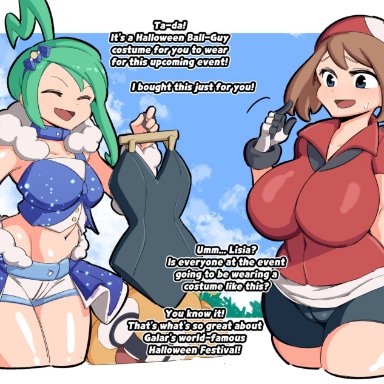 game freak, nintendo, pokemon, pokemon oras, pokemon rse, lisia (pokemon), may (pokemon), woohyoot, woomochi, 2girls, bandana, big breasts, bike shorts, blue eyes, breasts