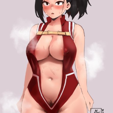 my hero academia, momo yaoyorozu, yotahen, 1girls, big breasts, black hair, blush, breasts, cleavage, female, female only, large breasts, navel, ponytail, pubic hair