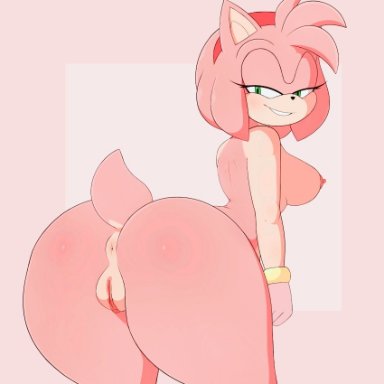 sonic (series), amy rose, 1girls, breasts, butt, female only, furry, huge ass, looking back, nude, pink fur, pink hair, presenting hindquarters, solo