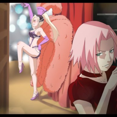 naruto, naruto (series), naruto shippuden, ino yamanaka, sakura haruno, dannex009, 2girls, angry, annoyed, arm gloves, audience, backstage, being watched, blonde hair, blue eyes