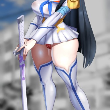 kill la kill, kiryuuin satsuki, moshimashi, 1girls, angry, big breasts, black hair, blue eyes, blush, breasts, cameltoe, female, high heel boots, lipstick, long hair