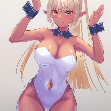 hololive, shiranui flare, 1girls, animal ears, blonde hair, boku no edamame, breasts, bunny ears, bunny pose, cleavage, clothing cutout, collarbone, dark-skinned female, dark skin, detached collar