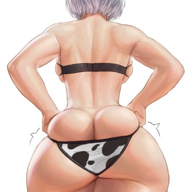 nier (series), yorha 2b, superbusty, animal print, ass, back, backboob, bikini, breasts, bursting ass, butt crack, cow print, cowboy shot, facing away, female