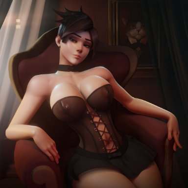 overwatch, tracer, breadblack, 1girls, areolae, bored, bored expression, brown eyes, brown hair, choker, disinterested, female, female focus, female only, huge breasts
