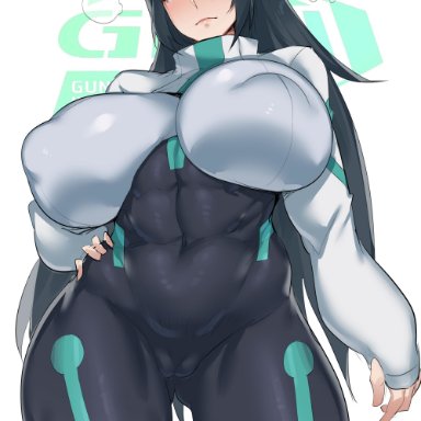 gundam, gundam build divers, gundam build divers re:rise, natedecock, abs, black hair, blush, bodysuit, breasts, cameltoe, covered abs, covered navel, covered nipples, curvy, female