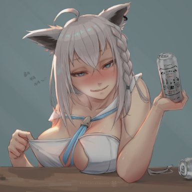 hololive, shirakami fubuki, myth1carts, :q, ahoge, animal ears, bangs, bare shoulders, beer can, blush, braid, breasts, can, center opening, clothes pull