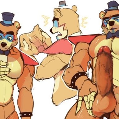 five nights at freddy's, scottgames, glamrock freddy (fnaf), abs, animatronic, anthro, balls, biceps, bow tie, brown body, clothing, ear piercing, erection, genitals, hat