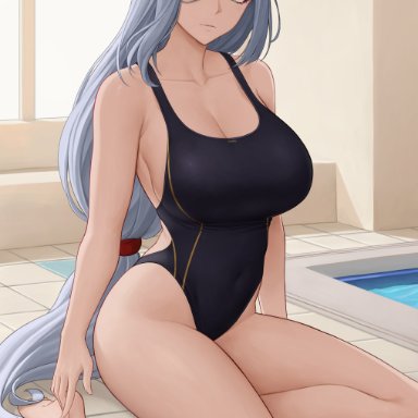 genshin impact, shenhe (genshin impact), zaphn, 1girls, bare feet, bare legs, barefoot, breasts, competition swimsuit, feet, female, female only, green eyes, hair over one eye, huge breasts