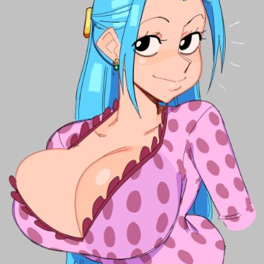 one piece, nefertari vivi, nezulet, 1girls, black eyes, blue hair, breasts, cleavage, earrings, female, female only, large breasts, looking at viewer, smile, solo