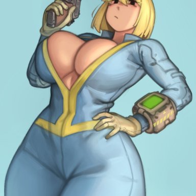 fallout, vault dweller, vault girl, vault meat, kelvin hiu, 1girls, blonde hair, bob cut, female only, gun, hand on hip, huge breasts, looking at viewer, pip-boy, revealing clothes