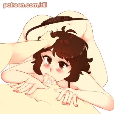 atlus, persona, persona 5, sadayo kawakami, rtil, blush, bra, brown eyes, brown hair, deepthroat, eye contact, fellatio, female, hand on head, oral