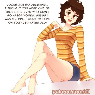 atlus, persona, persona 5, sadayo kawakami, rtil, barefoot, brown eyes, brown hair, clothed, feet, female, looking at viewer, on bed, plain background, smile
