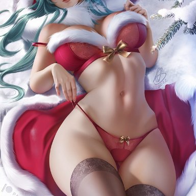 bleach, christmas, nelliel tu odelschwanck, olchas, 1girls, breasts, cleavage, clothed, clothed female, facial markings, female, female only, garter straps, green hair, hips