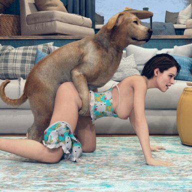 resident evil, jill valentine, geebee, 1boy, 1girls, ambiguous penetration, breasts, breasts out of clothes, canine, clothing, couch, doggy style, female, feral on female, indoors