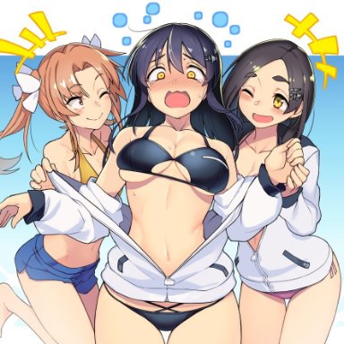 kantai collection, kagerou (kantai collection), kuroshio (kantai collection), oyashio (kantai collection), taketora suzume, 3girls, ;), ;d, bangs, bare shoulders, barefoot, bikini, black bikini, black hair, blue background