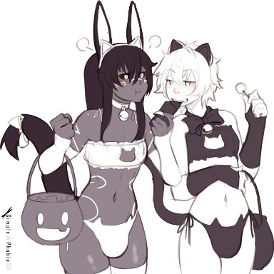 sachi (simple-phobiaxd), simple-phobiaxd, 2boys, animal ears, bell, blush, bulge, candy, clothing, dark-skinned femboy, dark-skinned male, dark skin, egyptian, eyebrows visible through hair, fake animal ears