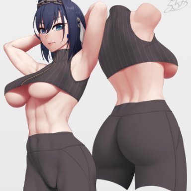 hololive, hololive english, ouro kronii, putcher, 1girls, abs, armpits, arms behind head, arms up, ass, back, bangs, black pants, blue bow, blue eyes