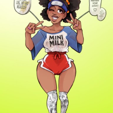 mega milk, naruto, naruto (series), original, sparrow, 1girls, ahe gao clothes, ass visible through thighs, braces, brown lips, cameltoe, clothed, covered nipples, dark-skinned female, dark skin