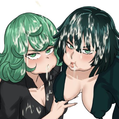 one-punch man, fubuki (one-punch man), tatsumaki, cyberboi, 2girls, after oral, after sex, ass, big breasts, blush, breasts, cum, cum in mouth, cum on face, cum on hair