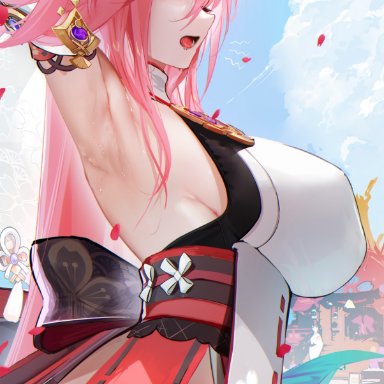 genshin impact, yae (genshin impact), omone hokoma agm, 1girls, arched back, armpits, arms up, ass, bangs, big breasts, breasts, butt, clothed, clothing, cloud