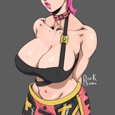 jojo's bizarre adventure, vento aureo, trish una, belly, belly button, big breasts, bra, clothing, dork bum, green eyes, lipstick, pink hair, shoulders, shy, solo female