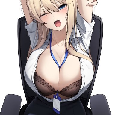 original, ddangbi, 1girls, ;o, arms up, between breasts, black bra, black skirt, blonde hair, bra, breasts, brown legwear, chair, cleavage, dress shirt