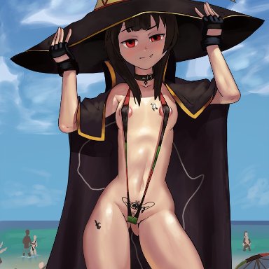 megumin, 4boys, 5girls, africa, beach, cape, choker, dark-skinned male, interracial, light-skinned female, looking at viewer, pubic tattoo, queen of spades, red eyes, sling bikini