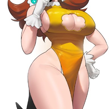 mario (series), nintendo, super mario bros., princess daisy, echosaber, 1girls, bare legs, blue eyes, breasts, cleavage, cleavage cutout, crown, dress, earrings, elegant